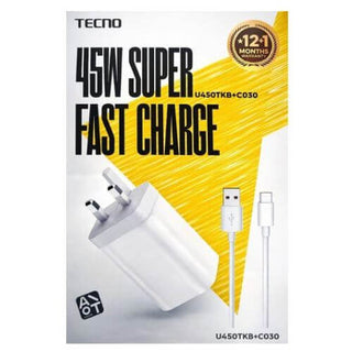 Chargeur Tecno U450TEB 45W - Boîtier + cordon USB-A vers Type-C - Garantie 3 mois