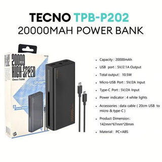 Powerbank Tecno TPB-P202 - 20000mAh - 2 Ports - Affichage LED - Garantie 3 mois