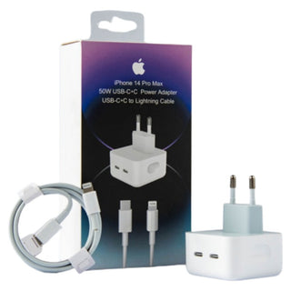 Chargeur Apple 50W - 2 ports USB-C - Boîtier + Cordon USB-C vers Lightning 1m - Garantie 3 mois