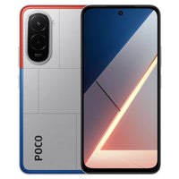 Xiaomi Poco M7 128Go coloris Argent, vue de dos et écran allumé
